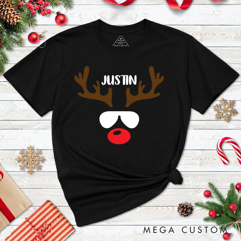 Personalized Couple Reindeer with Sunglasses Christmas T-Shirt Couple Xmas Reindeer with Bow Matching Shirt for Husband Wife Boyfriend Girlfriend Tees