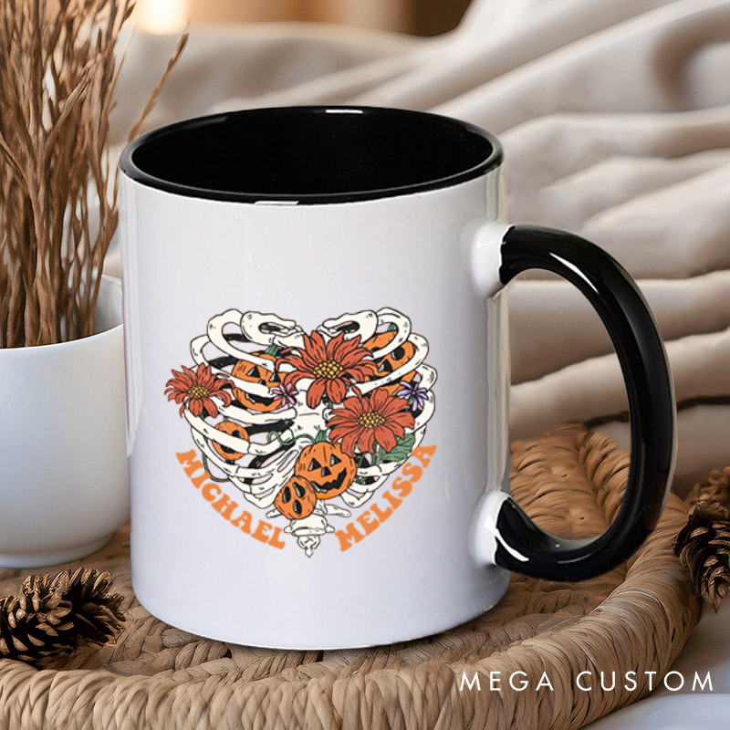 Personalized Floral Skeleton Ribcage with Pumpkins Halloween Couple Mugs