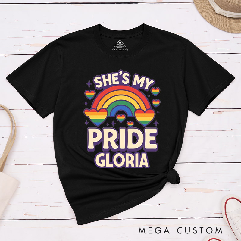 Personalized She's My Pride Rainbow Couple T-Shirts LGBTQ Rainbow Lesbian Matching Rainbow Couple Tee for Lesbian 