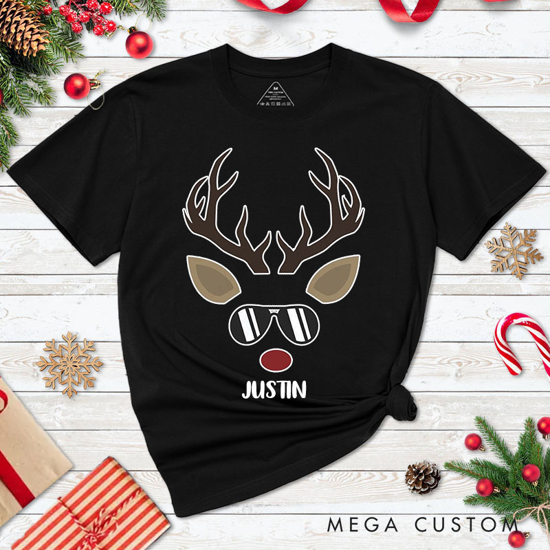 Personalized Couple Cool Reindeer with Sunglasses Christmas T-Shirt Chic Reindeer with Bow Xmas Matching Shirt for Husband Wife Boyfriend Girlfriend