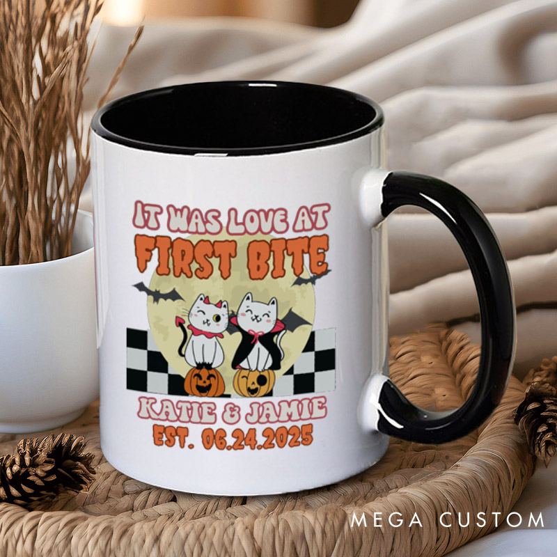 Personalized Love at First Bite and Fangs for the Memories Cat Couple Halloween Couple Mugs