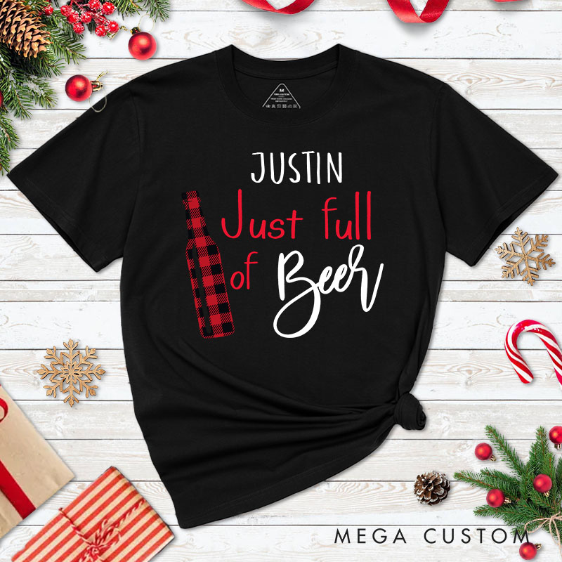 Personalized Couple Plaid Just Full of Beer and Full of Holiday Cheer Christmas T-Shirt Couple Xmas T-Shirt for Husband Wife Boyfriend Girlfriend Tees