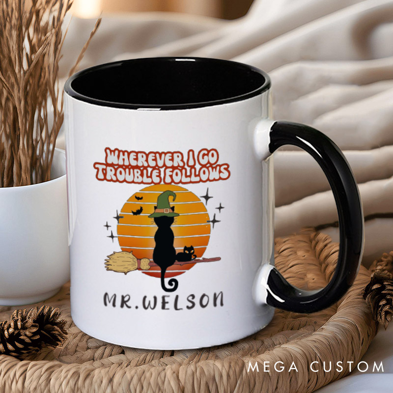 Personalized Trouble Follows Halloween Cat Couple Halloween Couple Mugs