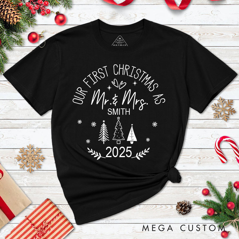 Personalized Couple Our First Christmas as Mr. & Mrs. Matching T-Shirt Couple Heart and Xmas Tree T-Shirt for Husband Wife Tee Tops