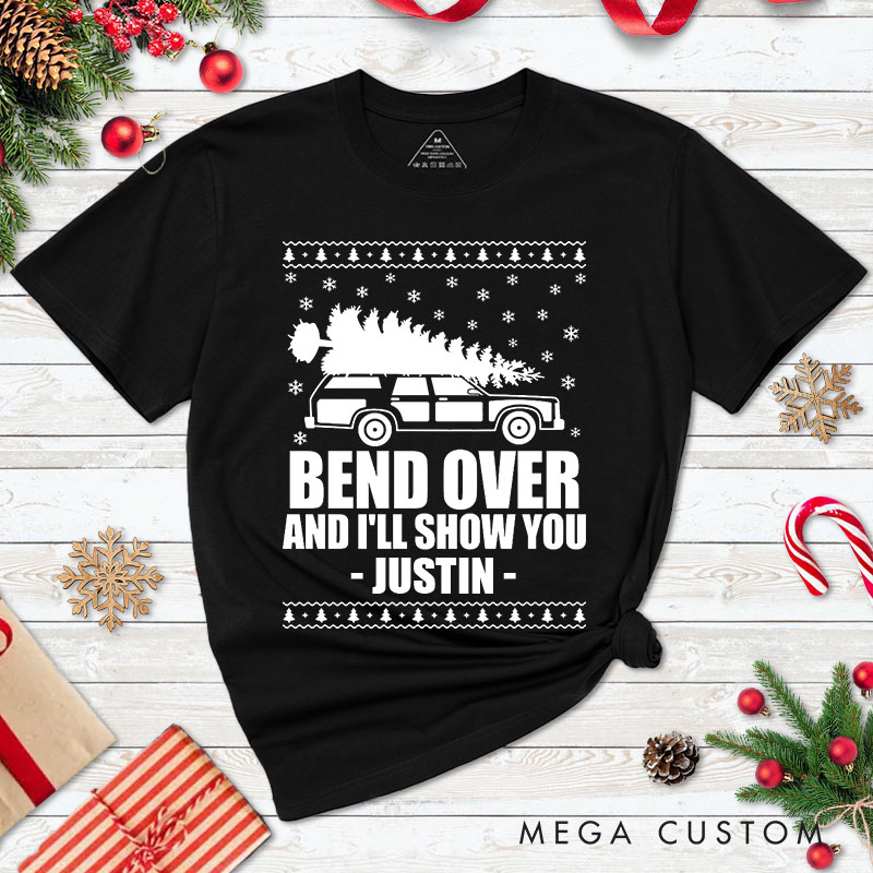 Personalized Couple Bend Over and I’ll Show You Christmas Matching T-Shirt Truck with Xmas Tree T-Shirt for Husband Wife Boyfriend Girlfriend Tee Tops