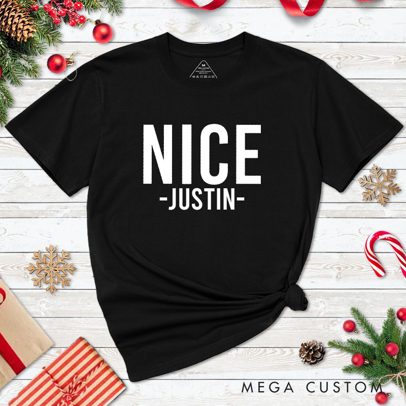 Personalized Couple Minimalist Nice and Naughty Christmas Matching T-Shirt Couple Xmas T-Shirt for Husband Wife Boyfriend Girlfriend Tee Tops