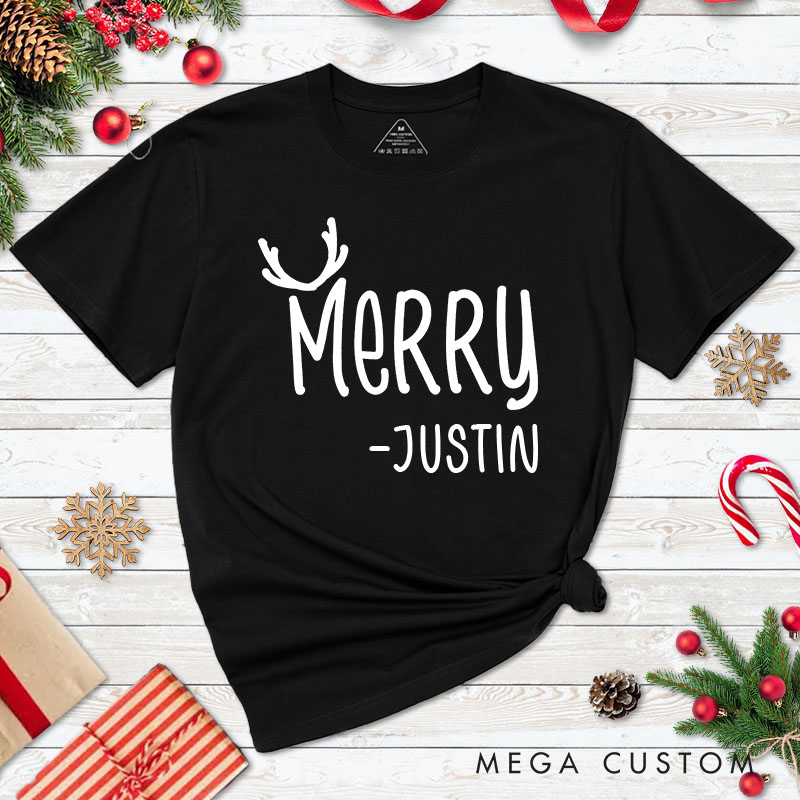 Personalized Couple Merry and Christmas with Antler Christmas Matching T-Shirt Couple Xmas T-Shirt for Husband Wife Boyfriend Girlfriend Tee Tops