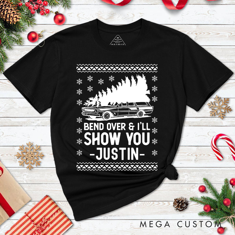 Personalized Couple Bend Over and I'll Show You Christmas Matching T-Shirt Car and Xmas Tree T-Shirt for Husband Wife Boyfriend Girlfriend Tee Tops