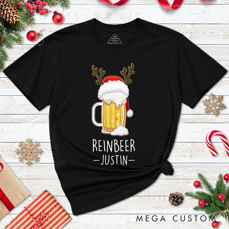 Personalized Couple Reinbeer and Winedeer Christmas Matching T-Shirt Couple Beer and Wine Xmas T-Shirt for Husband Wife Boyfriend Girlfriend Tee Tops