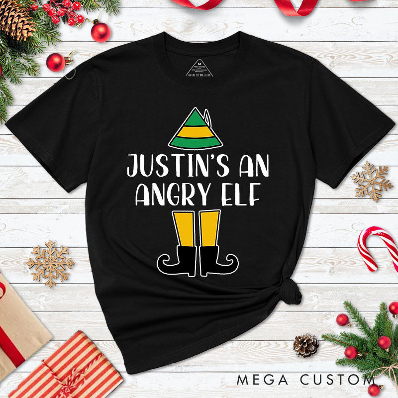 Personalized Couple She's an Angry Elf and He's an Angry Elf Christmas T-Shirt Couple Xmas Matching T-Shirt for Husband Wife Boyfriend Girlfriend Tees