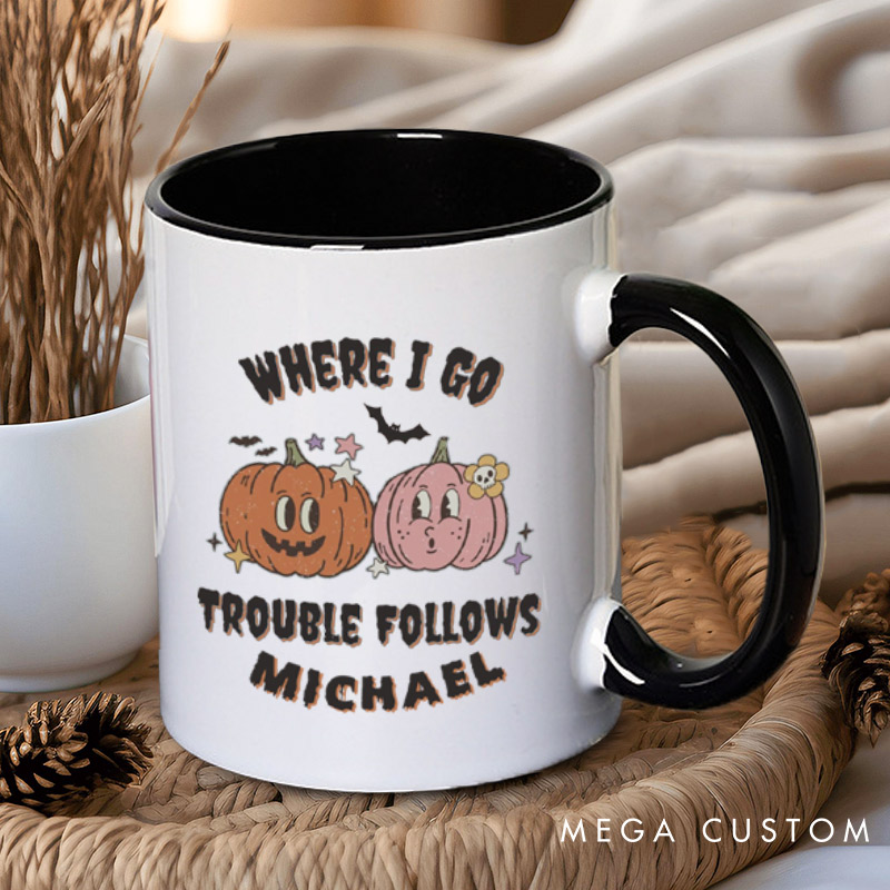 Personalized Where I Go Trouble Follows & I'm Trouble Pumpkin Halloween Couple Mugs