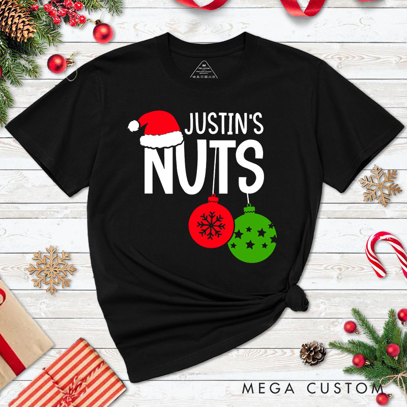 Personalized Couple Nuts and Chest Christmas Matching T-Shirt Couple Xmas Ball and Wreath T-Shirt for Husband Wife Boyfriend Girlfriend Tee Tops