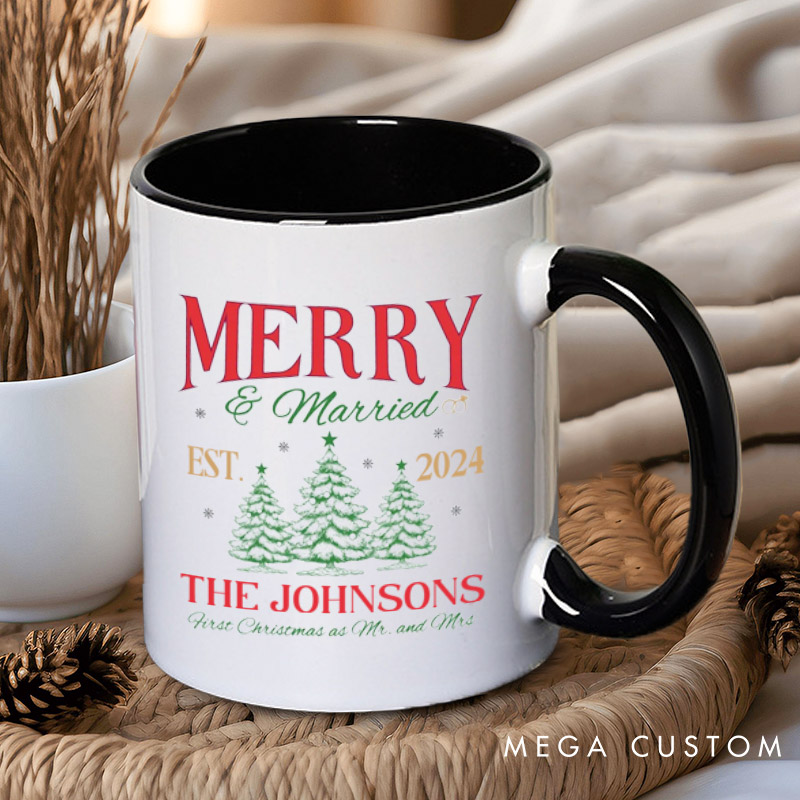 Personalized Joyful Merry and Married the First Christmas as Mr and Mrs Couple Mugs