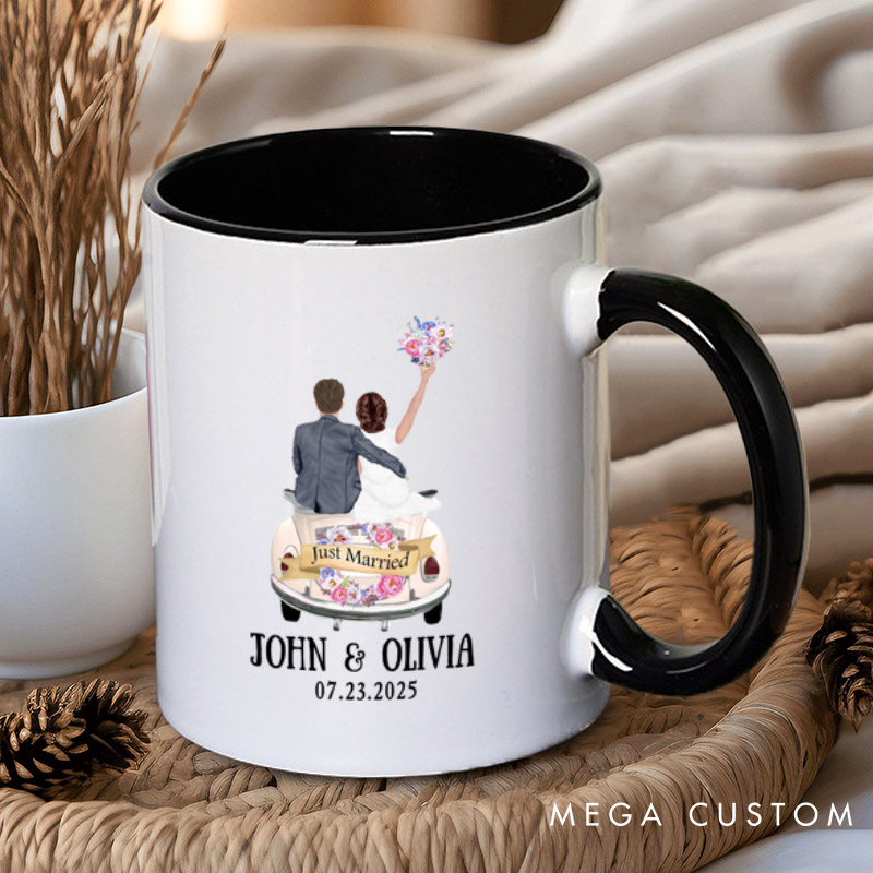 Personalized Romantic Just Married Getaway Car Wedding Couple Mugs