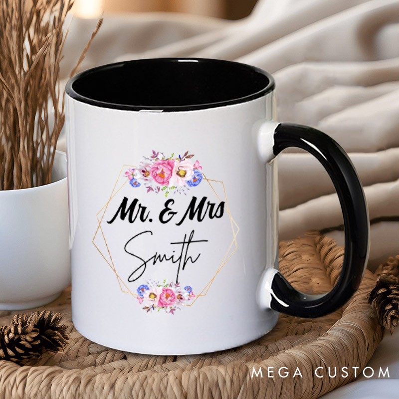 Personalized Geometric Frame with Watercolor Floral Mr and Mrs Wedding Couple Mugs