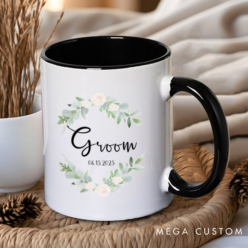 Personalized Elegant Floral Wreath Bride and Groom Matching Wedding Couple Mugs
