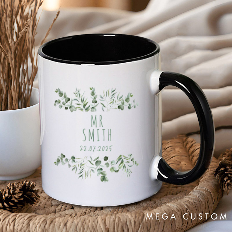Personalized Elegant Botanical Mr and Mrs Wedding Couple Mugs