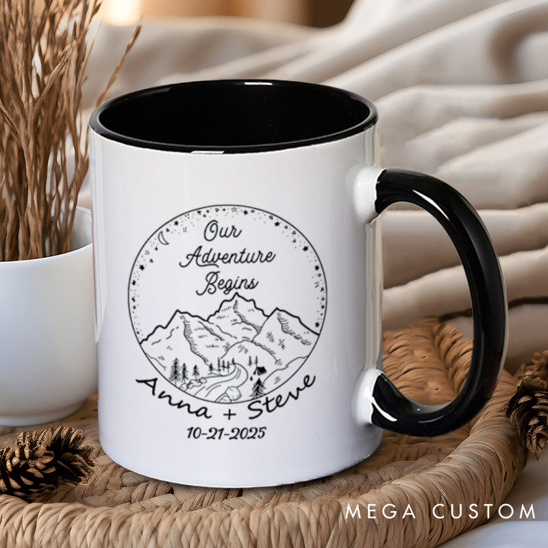 Personalized Rustic Mountain Our Adventure Begins Newlyweds Wedding Couple Mugs