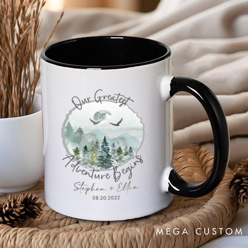 Personalized Romantic Nature Our Greatest Adventure Begins Wedding Couple Mugs