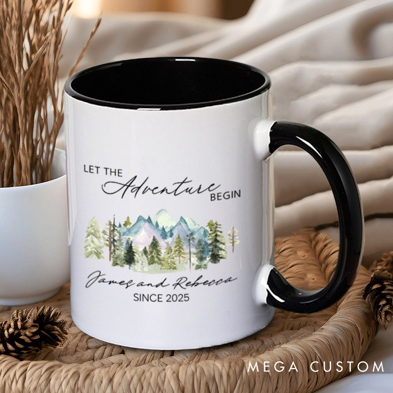Personalized Mountain Scenic Let the Adventure Begin Newlyweds Wedding Couple Mugs