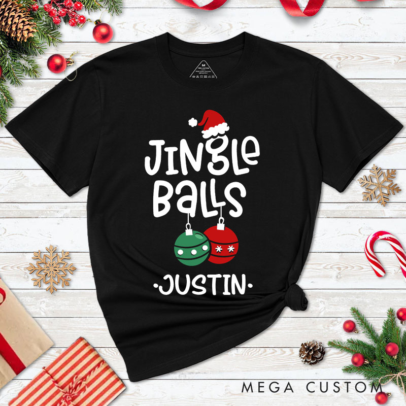 Personalized Couple Jingle Balls and Tinsel Tits Christmas Matching T-Shirt Couple Xmas Ball and Wreath T-Shirt for Husband Wife Boyfriend Girlfriend