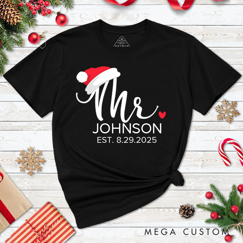 Personalized Couple Elegant Mr. and Mrs. with Santa Hats Christmas T-Shirt Couple Xmas Matching T-Shirt for Husband Wife Boyfriend Girlfriend Tee Tops