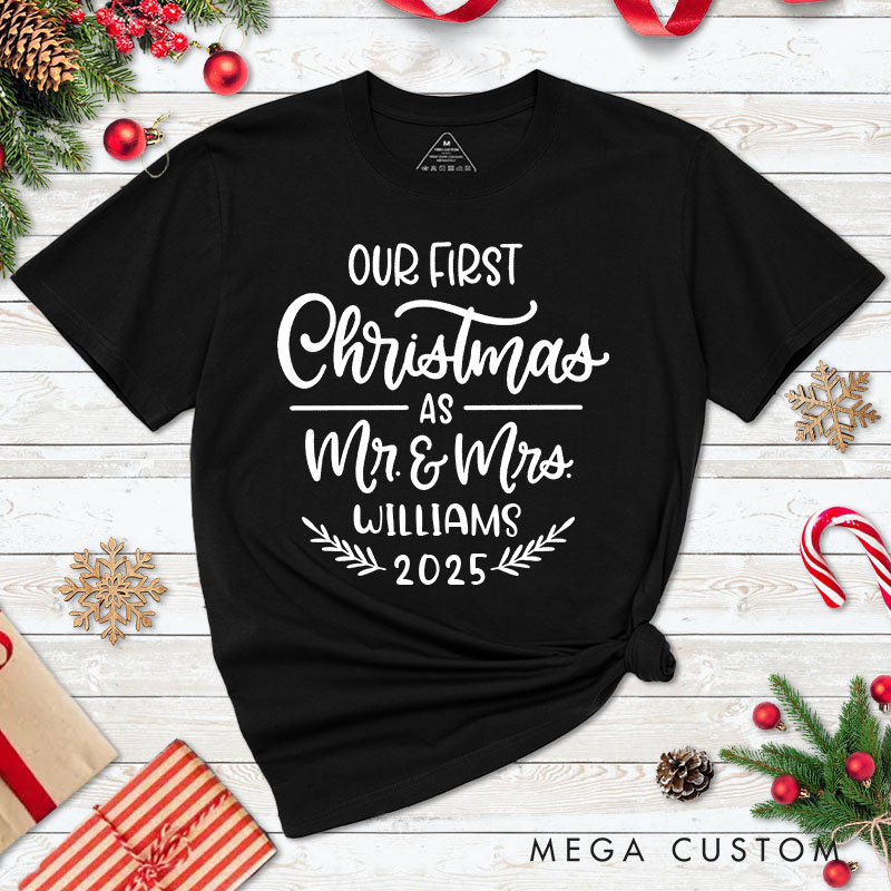 Personalized Couple Our First Christmas as Mr. & Mrs. Christmas T-Shirt Couple Xmas 2025 Matching T-Shirt for Husband Wife Boyfriend Girlfriend Tees