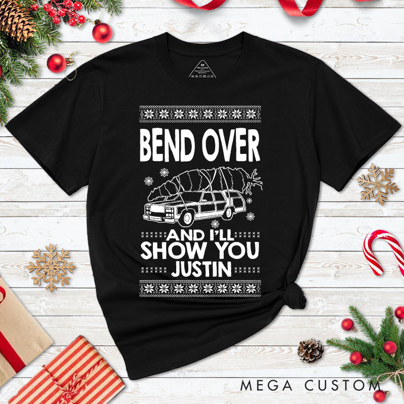 Personalized Couple Fun Bend Over and I’ll Show You Christmas T-Shirt Xmas Ugly Sweater Design Matching T-Shirt for Husband Wife Boyfriend Girlfriend