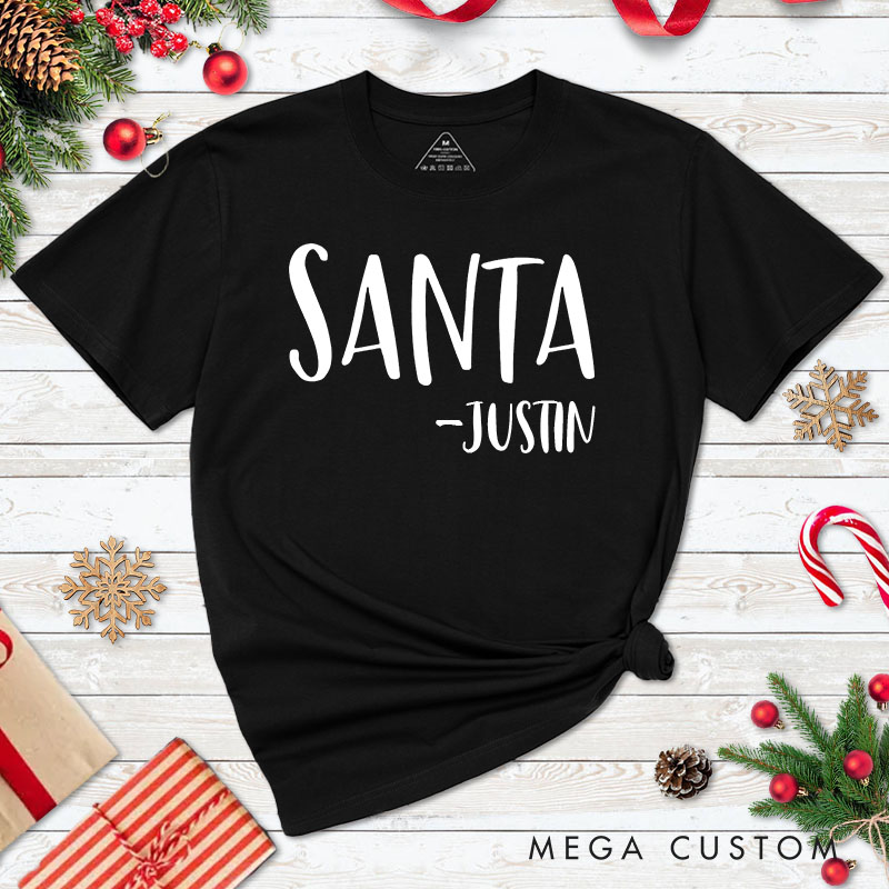 Personalized Couple Fun Santa and Santa's Favorite Ho Christmas T-Shirt with Name Couple Xmas Matching T-Shirt for Husband Wife Boyfriend Girlfriend