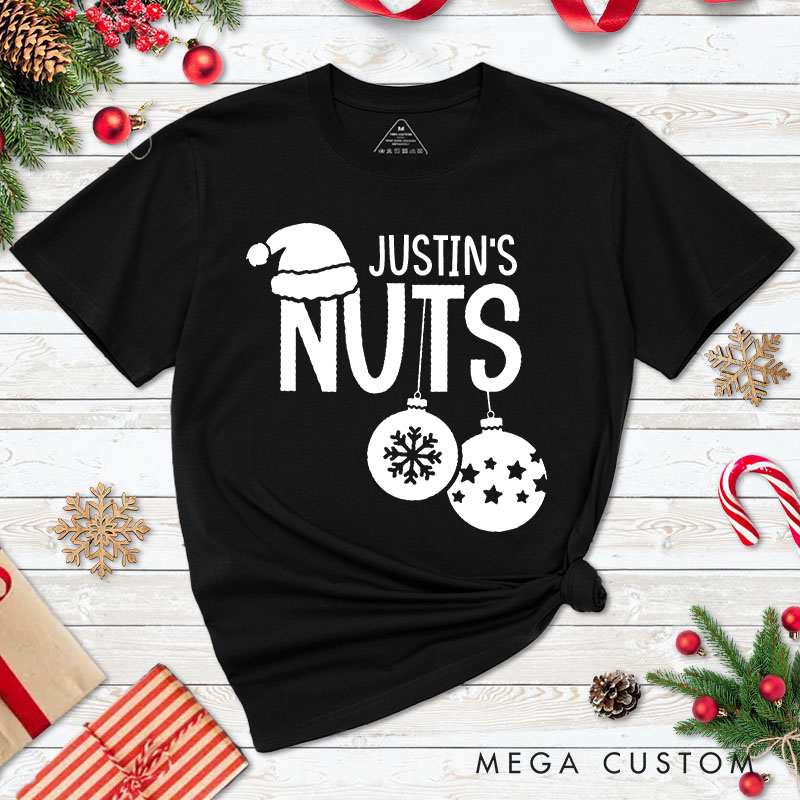 Personalized Couple Fun Nuts and Chest Christmas Matching T-Shirt with Name Couple Xmas Balls and Wreath T-Shirt for Husband Wife Boyfriend Girlfriend