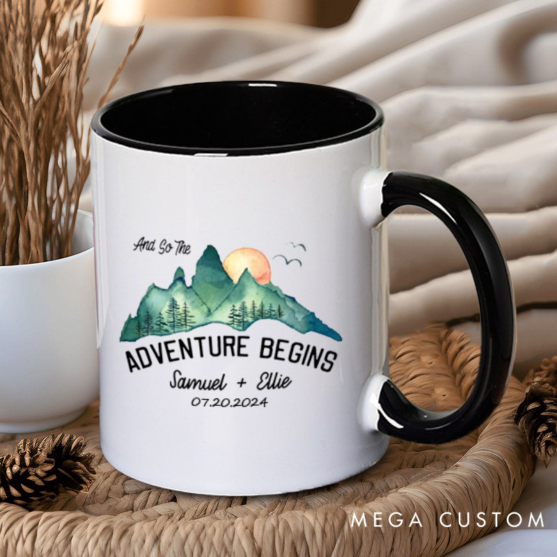 Personalized Scenic And So The Adventure Begins Newlyweds Wedding Couple Mugs