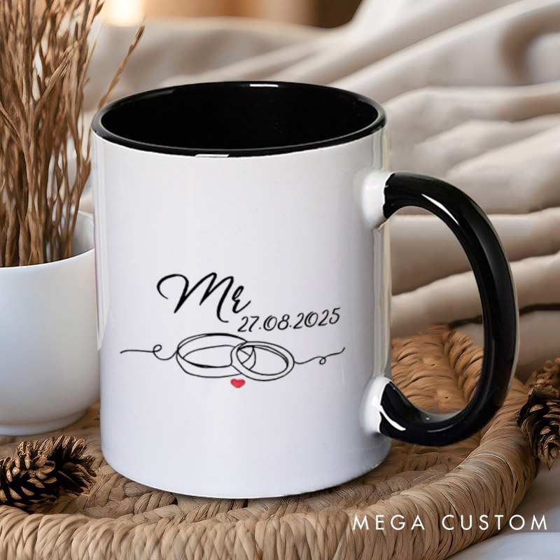 Personalized Elegant Mr and Mrs with Wedding Rings Matching Wedding Couple Mugs