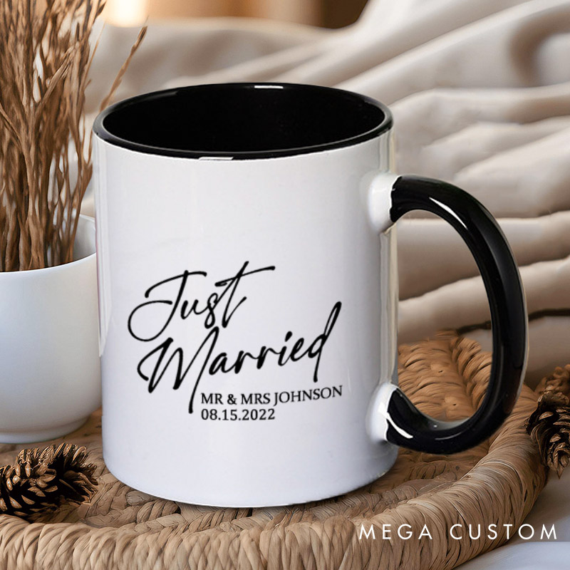 Personalized Modern Just Married Newlyweds Wedding Couple Mugs