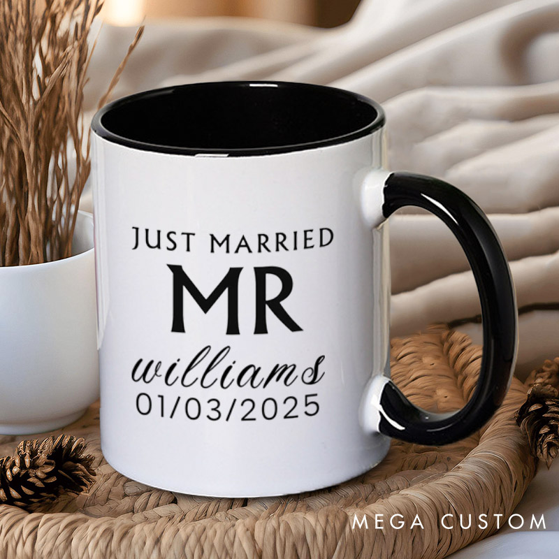 Personalized Minimalist Just Married Mr and Mrs Wedding Couple Mugs