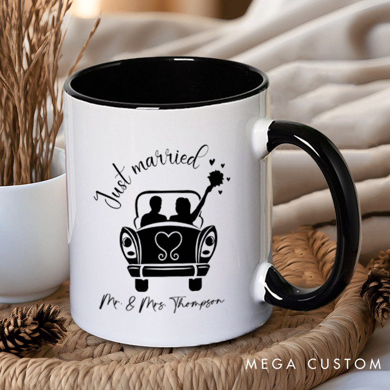 Personalized Romantic Just Married with Wedding Car Wedding Couple Mugs