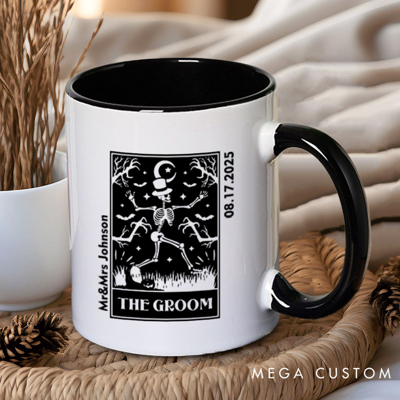 Personalized Whimsical Tarot Card Skeleton Bride and Groom Wedding Couple Mugs