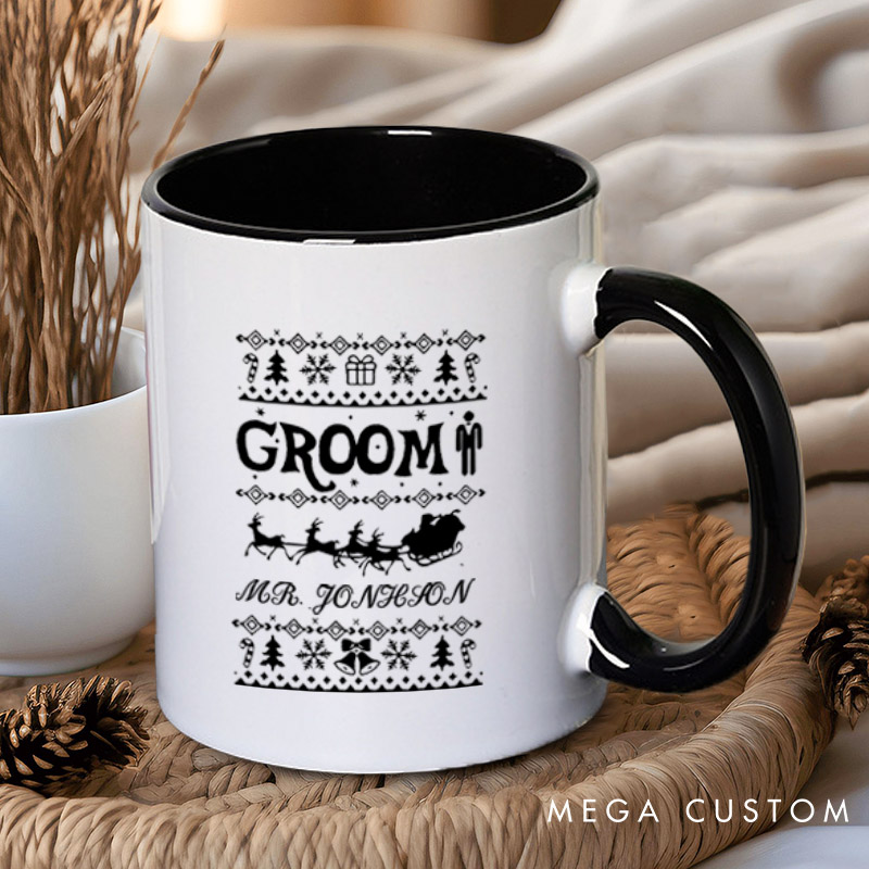 Personalized Christmas Bride and Groom with Reindeer and Sleighs Matching Wedding Couple Mugs