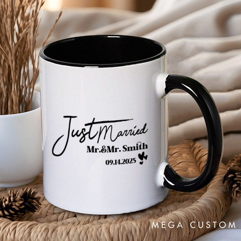 Personalized Elegant Just Married Mr and Mrs with Hearts Wedding Couple Mugs