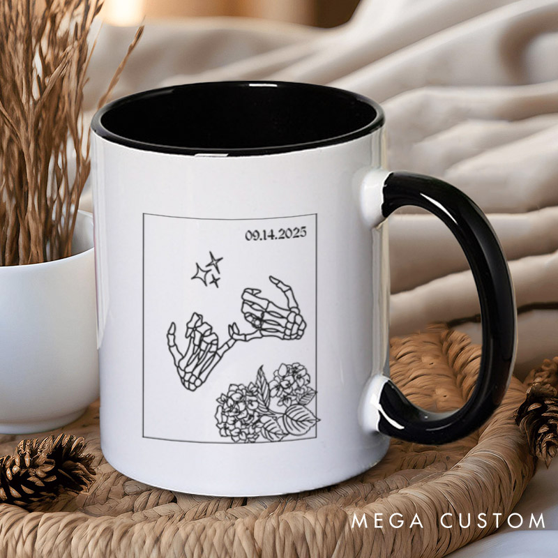 Personalized Unique Skeleton Finger Hooks and Floral Wedding Couple Mugs