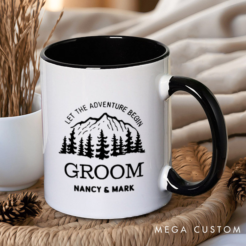 Personalized Mountain Serene Let The Adventure Begin Bride and Groom Wedding Couple Mugs