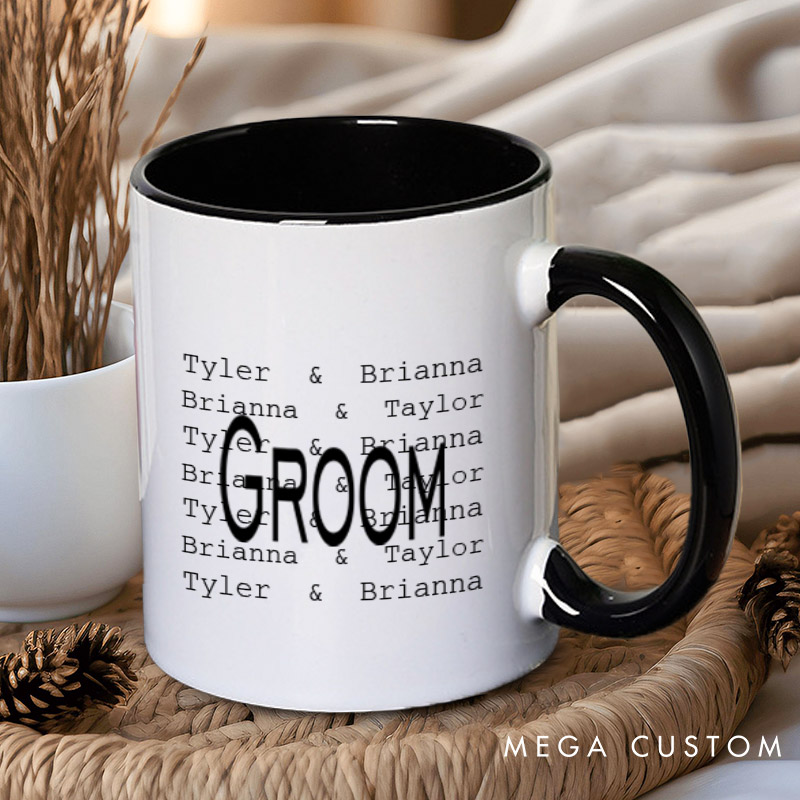 Personalized Modern Repetitive Text Bride and Groom Wedding Couple Mugs