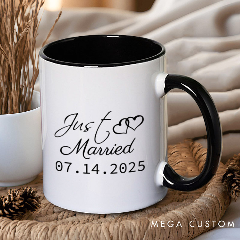 Personalized Elegant Just Married with Hearts Wedding Couple Mugs