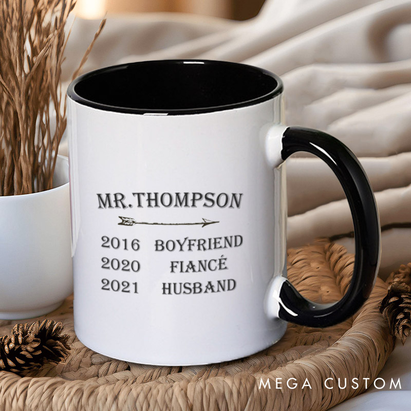 Personalized Mr and Mrs Milestone Journey with Arrow Matching Wedding Couple Mugs