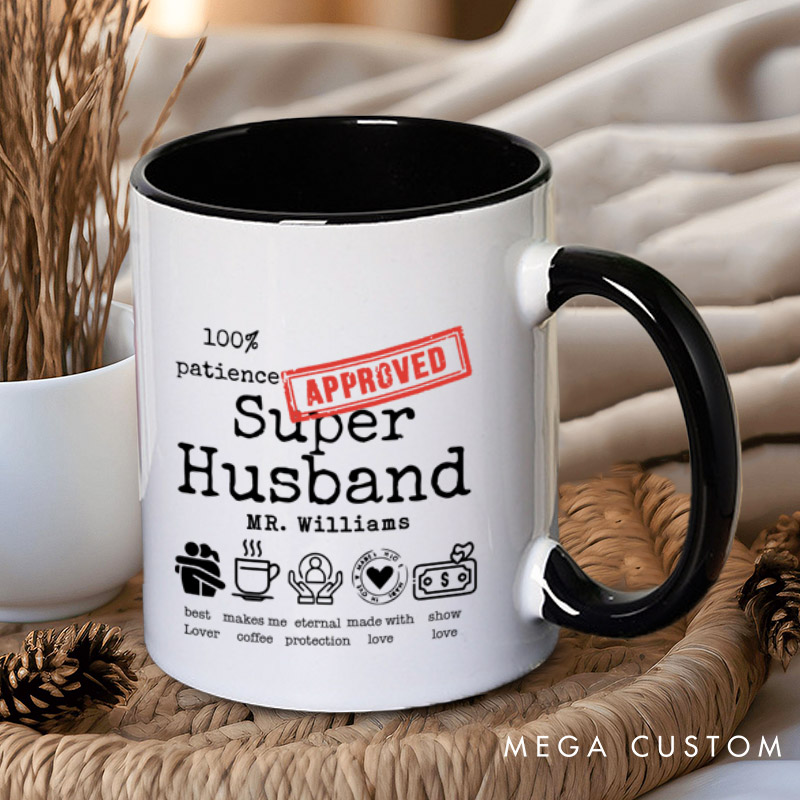 Personalized Fun Approved Super Wife and Super Husband Matching Wedding Couple Mugs