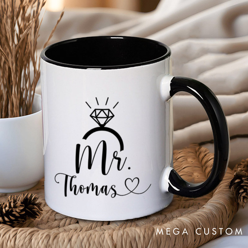 Personalized Elegant Mr and Mrs with Diamond Ring Wedding Couple Mugs