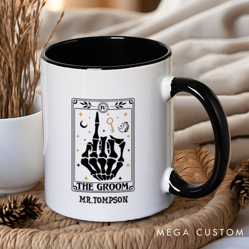 Personalized Tarot Card Skeleton Funny Gesture Bride and Groom Wedding Couple Mugs
