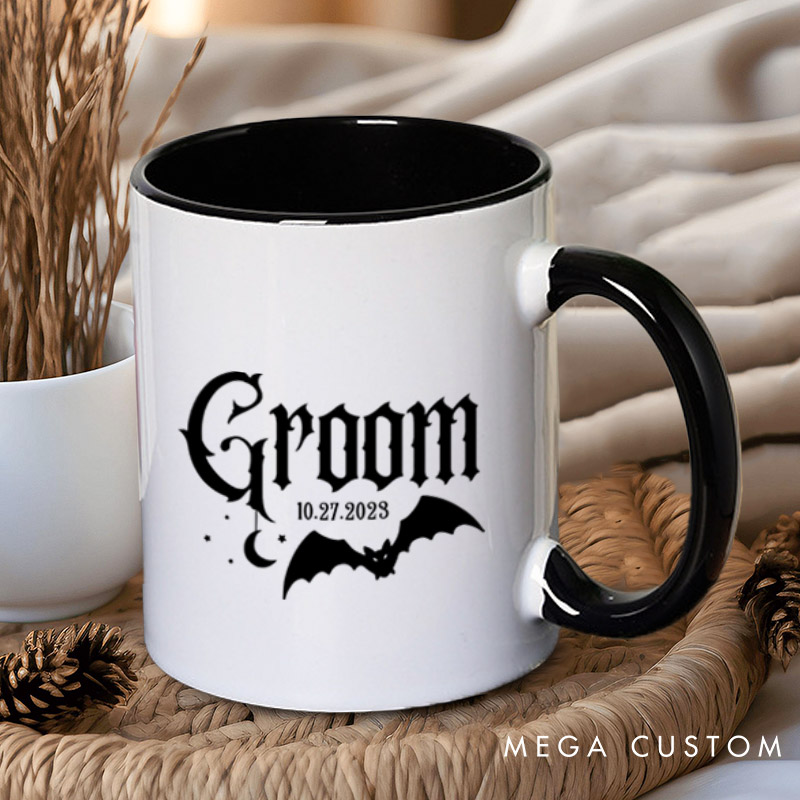 Personalized Halloween Gothic Bride and Groom with Bat and Moon Matching Wedding Couple Mugs