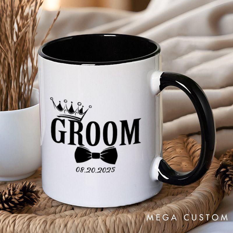 Personalized Regal Bride and Groom with Crowns and Date Matching Wedding Couple Mugs