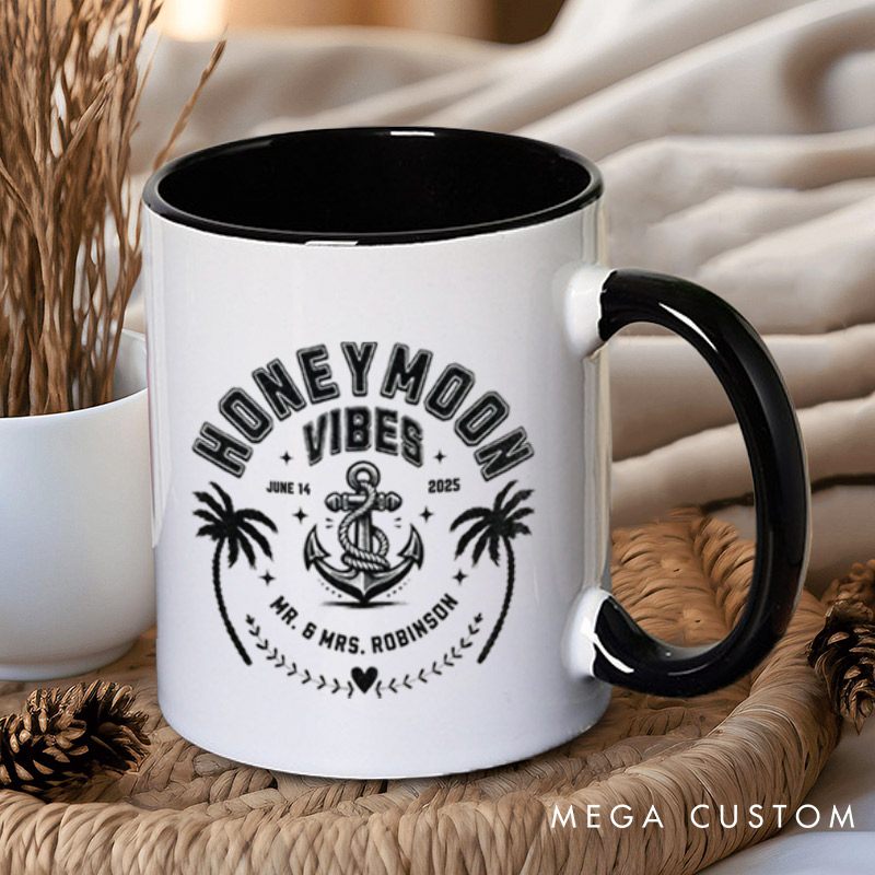 Personalized Nautical Honeymoon Vibes with Anchor and Palm Trees Matching Honeymoon Couple Mugs