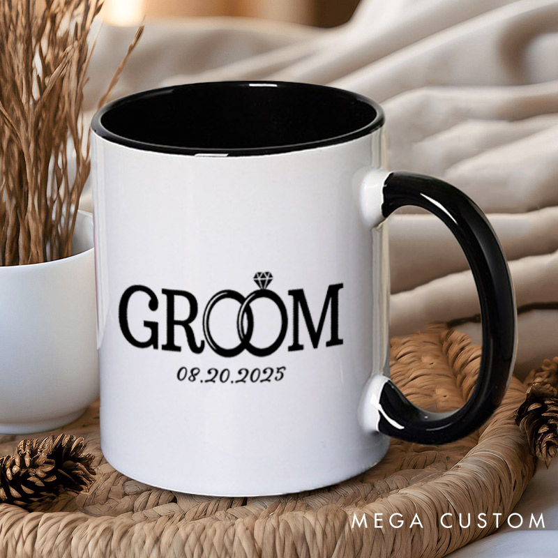 Personalized Elegant Bride and Groom with Rings Matching Wedding Couple Mugs